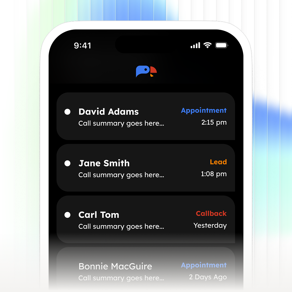 Mobile screen showing a call summary list with contacts David Adams, Jane Smith, and Carl Tom, labeled as Appointment, Lead, and Callback respectively with times.