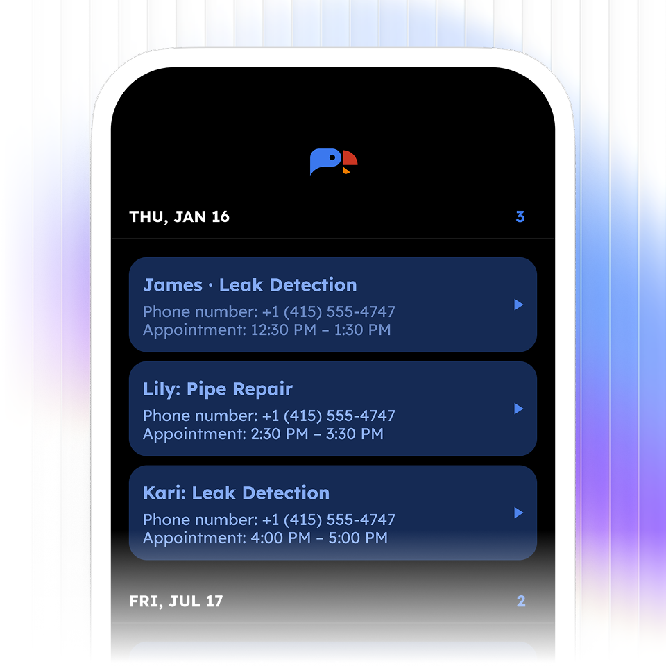 Mobile screen showing appointment list for Thursday, Jan 16 with three scheduled services: James for leak detection at 12:30-1:30 PM, Lily for pipe repair at 2:30-3:30 PM, and Kari for leak detection at 4:00-5:00 PM.
