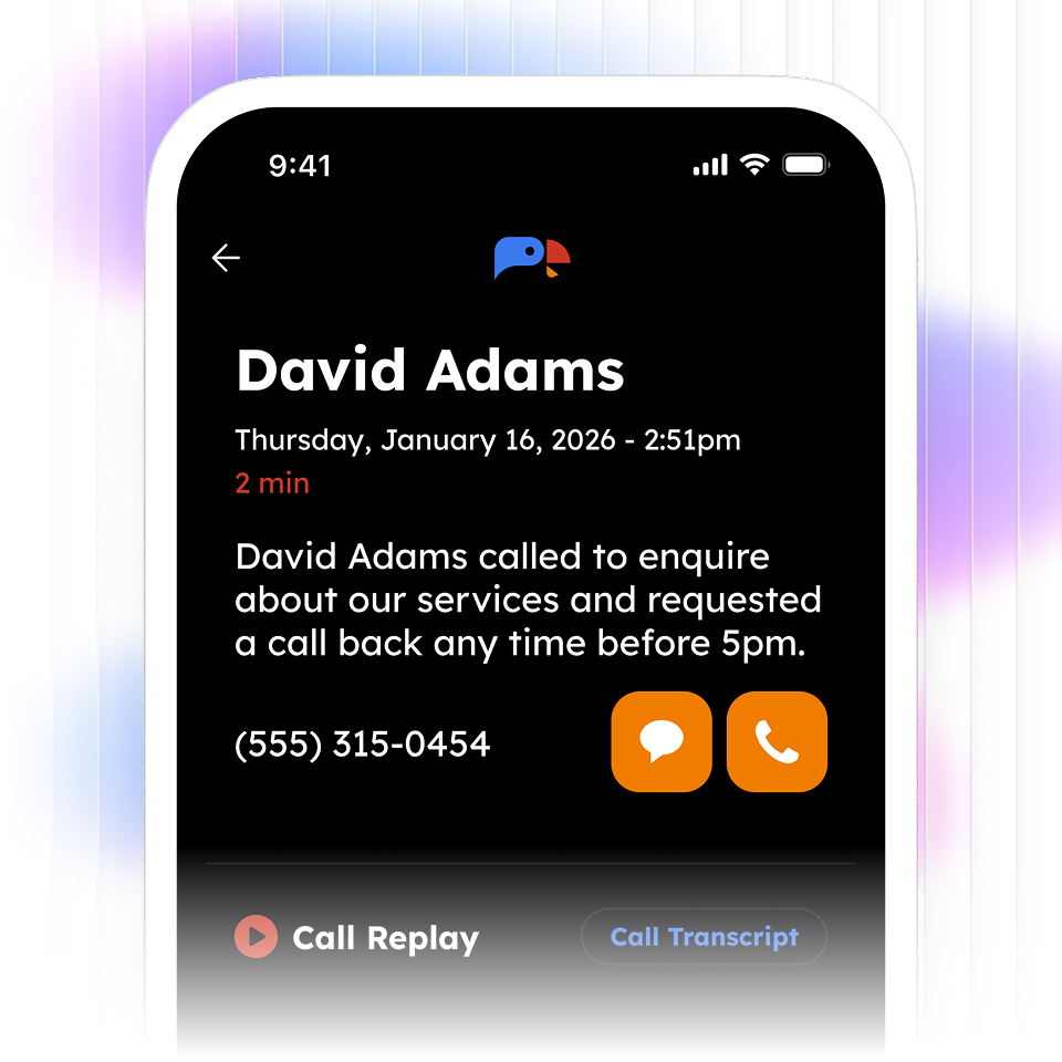 Mobile screen showing call details for David Adams on January 16, 2026, with call duration 2 min and a note about service inquiry and callback requested before 5pm, including phone number and call replay and transcript options.