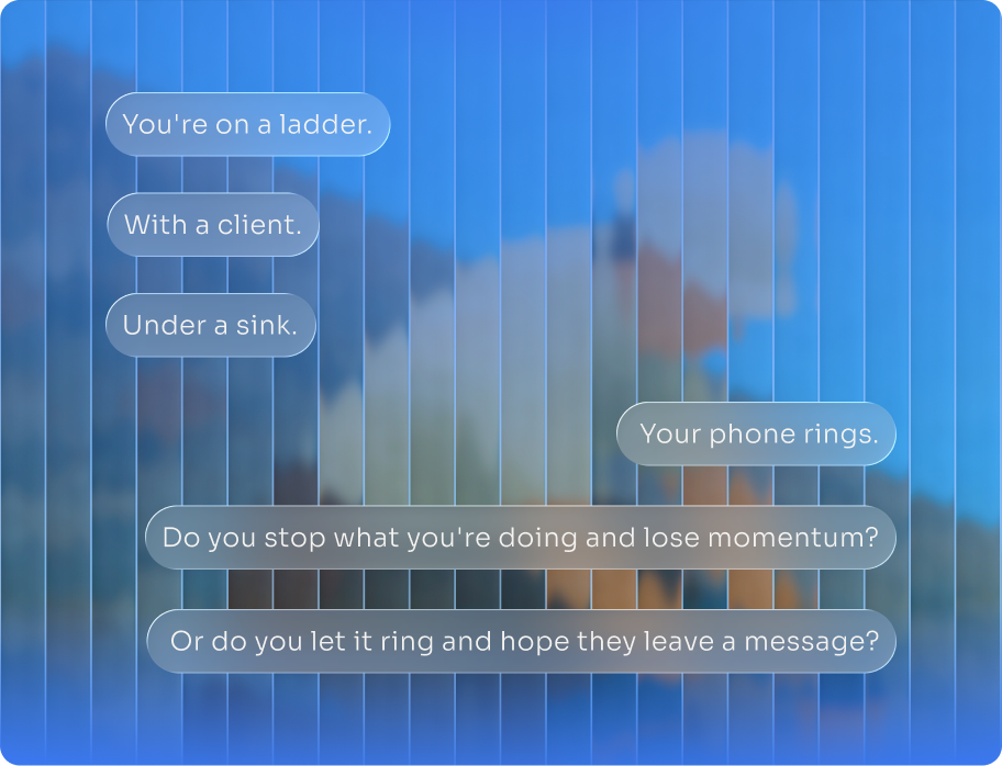 Text bubbles on a blue sky background asking if you stop working or let the phone ring while on a ladder with a client under a sink.