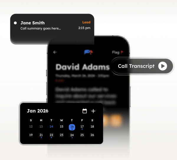 Smartphone screen showing a call with David Adams, accompanied by a calendar for January 2026, a call summary for Jane Smith labeled as Lead at 2:15 pm, and a button labeled 'Call Transcript.'