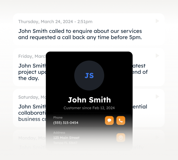Contact card for John Smith showing phone number, address, and customer since date over background of dated service inquiries.