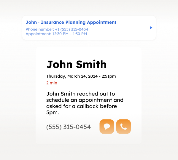 Appointment details for John Smith on Thursday, March 24, 2024, at 2:51 pm, requesting a callback before 5 pm with phone number (555) 315-0454, including message and call icons.