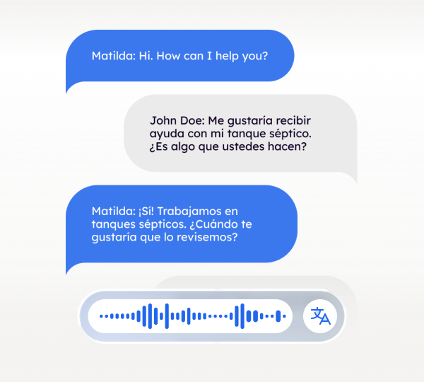 Chat conversation with Matilda offering septic tank help, showing bilingual text in English and Spanish with a voice wave and language icon below.