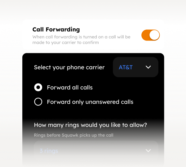 Call forwarding settings screen showing option turned on, phone carrier set to AT&T, and choices to forward all calls or only unanswered calls, with 3 rings selected before call pickup.