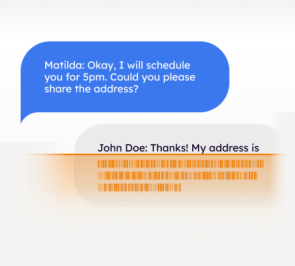 A chat screen where Matilda says she will schedule an appointment for 5pm and asks for the address, and John Doe responds with a message containing a blurred address.