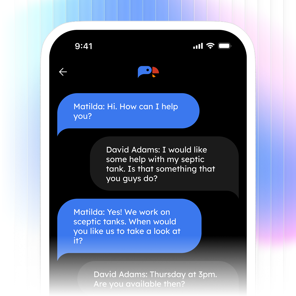 Smartphone screen showing a chat conversation: Matilda offers help, David Adams asks about septic tank service, Matilda confirms and asks for timing, David suggests Thursday at 3pm.