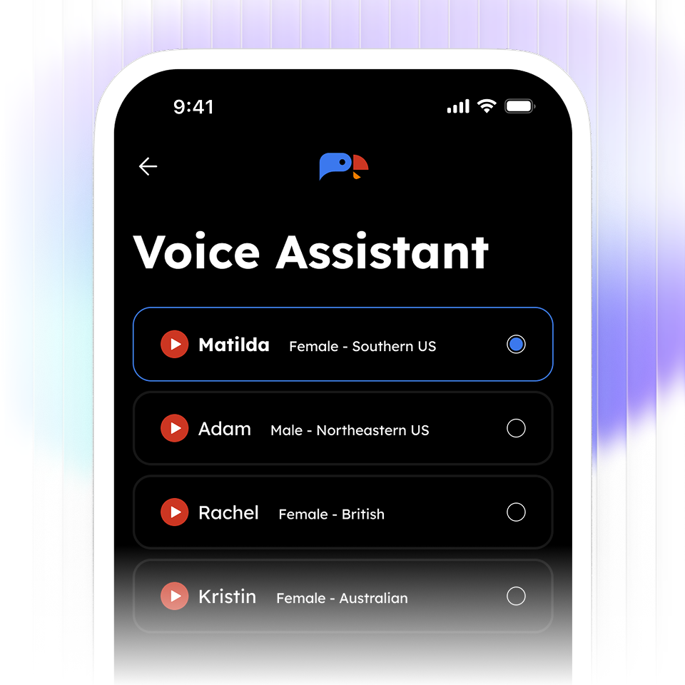 Mobile screen displaying Voice Assistant voice options: Matilda (Female, Southern US) selected, Adam (Male, Northeastern US), Rachel (Female, British), and Kristin (Female, Australian).