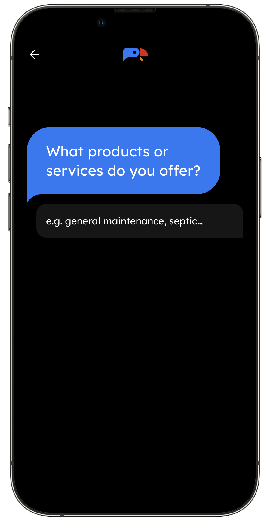 Mobile screen displaying a chat interface with a blue speech bubble asking, 'What products or services do you offer?' and a black text box with the placeholder text, 'e.g. general maintenance, septic...'.