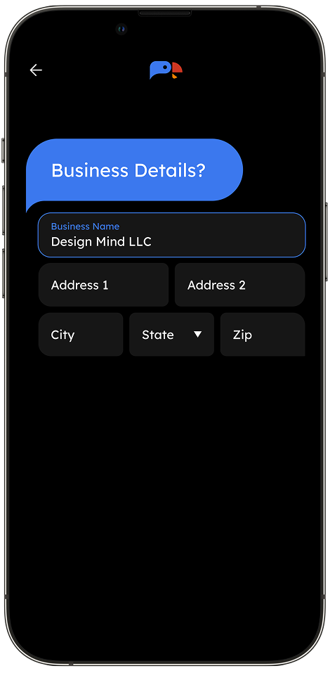 Mobile screen showing a business details form with fields for business name, address, city, state, and zip code, and the business name entered as Design Mind LLC.