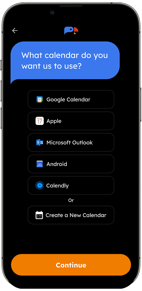 Mobile screen showing a calendar selection menu with options for Google Calendar, Apple, Microsoft Outlook, Android, Calendly, or to create a new calendar, with a Continue button at the bottom.