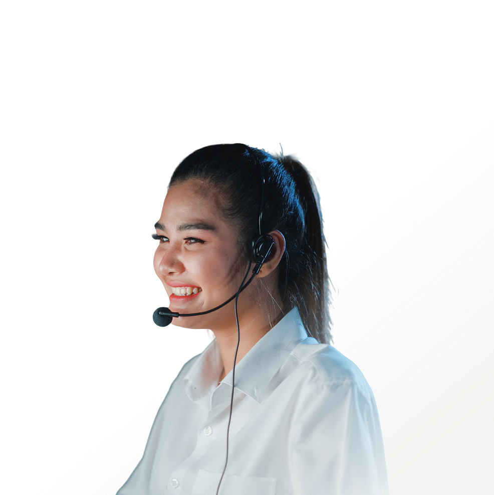 Smiling customer support representative wearing a headset and white shirt.