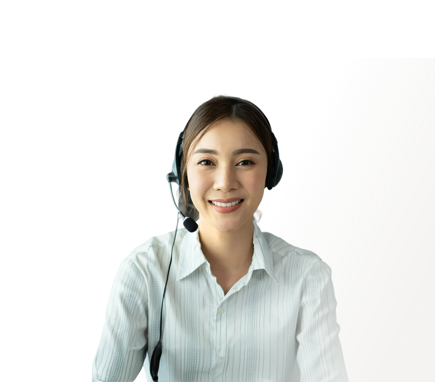 Smiling woman wearing a white collared shirt and headset with microphone.