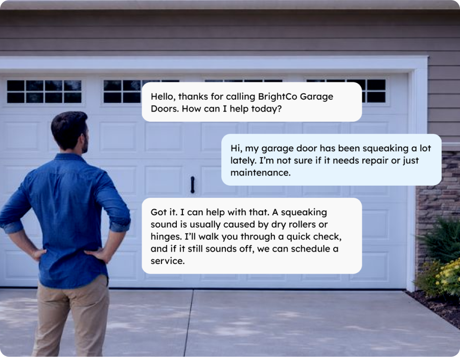 Man standing with hands on hips facing a closed garage door, overlaid with a chat conversation about garage door squeaking and repair.