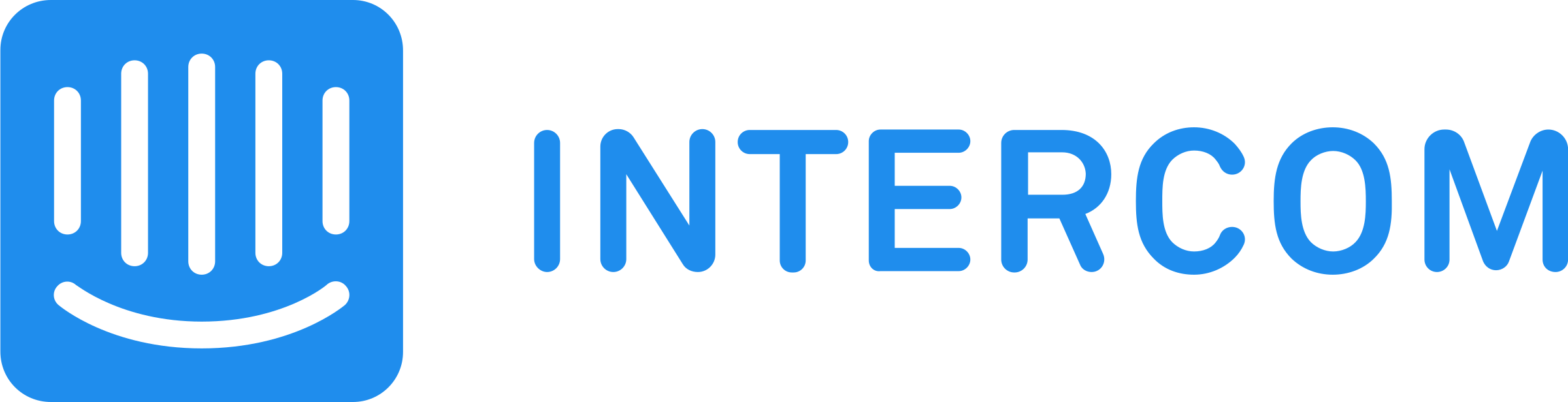 Intercom company logo with a blue square containing a stylized smile and vertical lines next to the word 'INTERCOM' in blue letters.